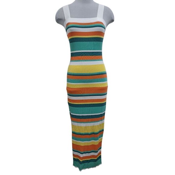 MinkPink Kosa Striped Knit Midi Dress Orange Multi Color Medium NWT - Picture 3 of 11
